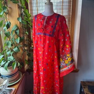 RARE 1970’s Mindy Malone Empire Waist Kimono Dress California Florals Poppy Red